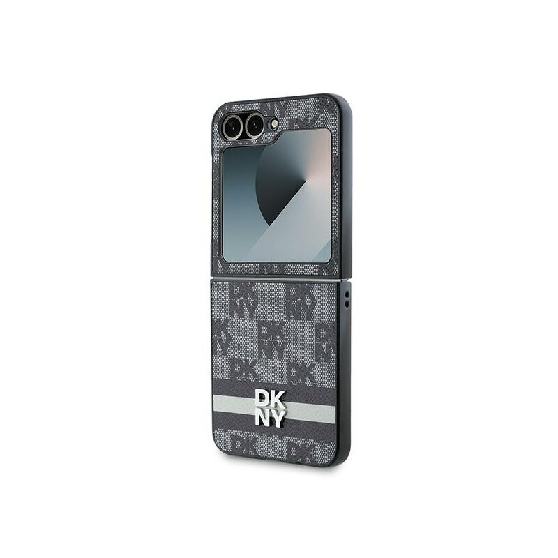 Husa piele Samsung Galaxy Z Flip6 DKNY Leather Chequered Pattern Printed Stripes, negru, DKHCZF6PCPTSSK