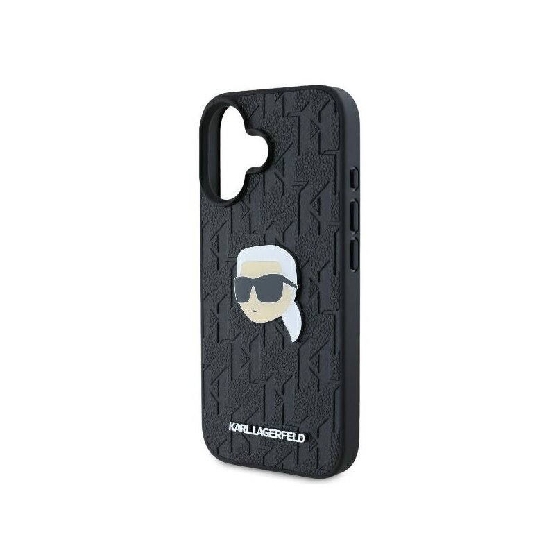Husa iPhone 16 Karl Lagerfeld Hardcase Leather Monogram, Karl Head Pin, negru, KLHCP16SPGKLKIPK