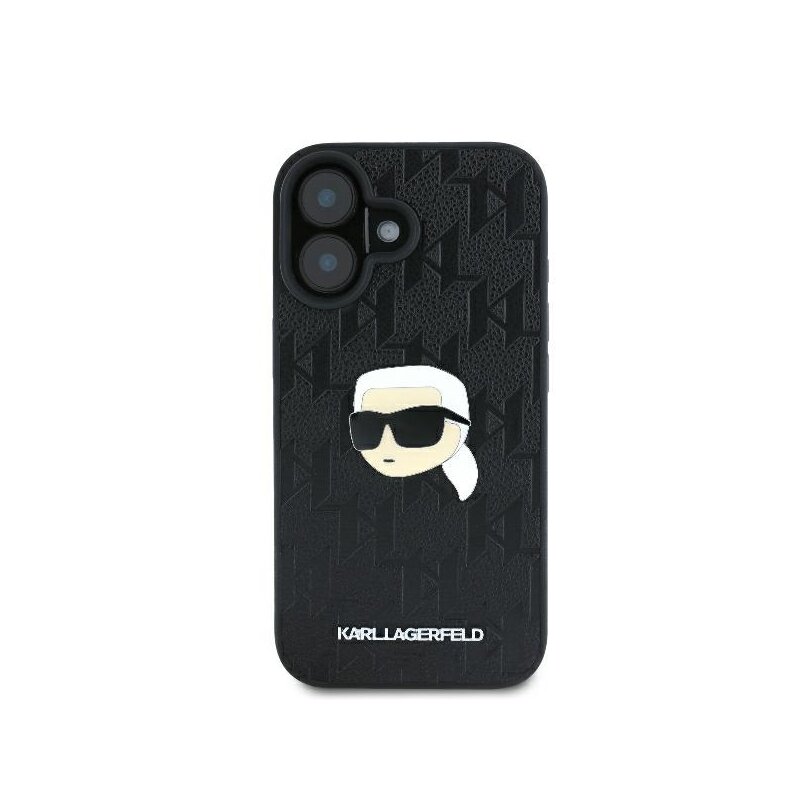 Husa iPhone 16 Karl Lagerfeld Hardcase Leather Monogram, Karl Head Pin, negru, KLHCP16SPGKLKIPK