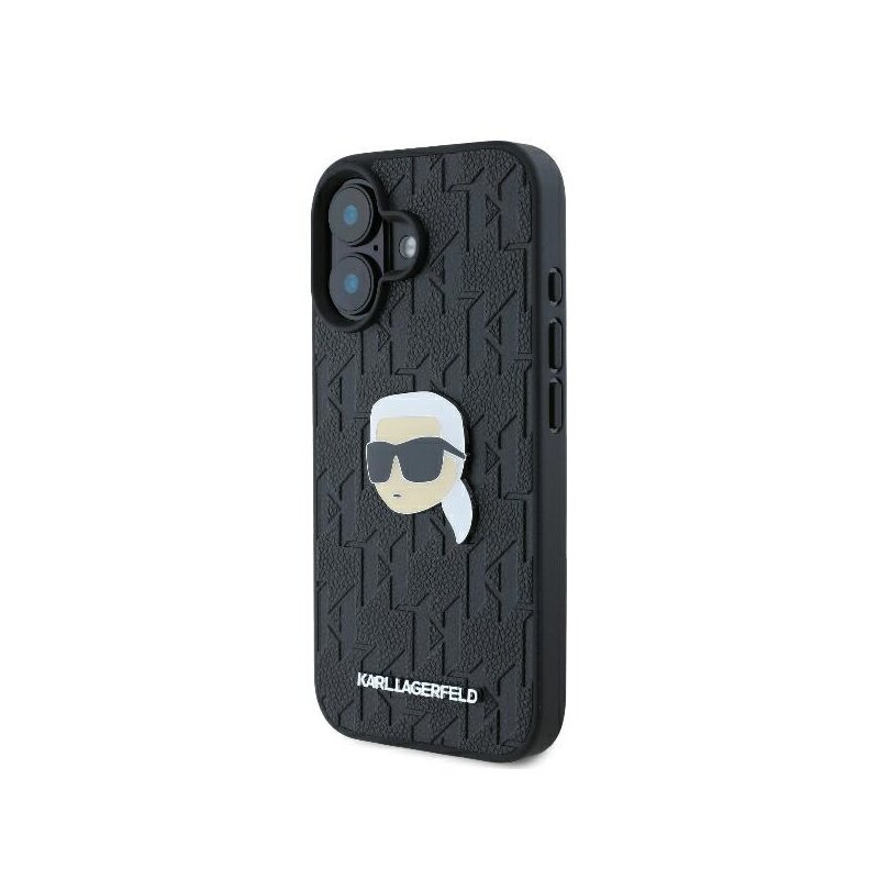 Husa iPhone 16 Karl Lagerfeld Hardcase Leather Monogram, Karl Head Pin, negru, KLHCP16SPGKLKIPK