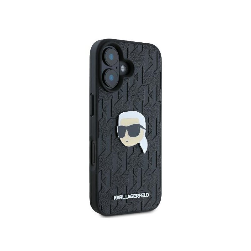 Husa iPhone 16 Karl Lagerfeld Hardcase Leather Monogram, Karl Head Pin, negru, KLHCP16SPGKLKIPK