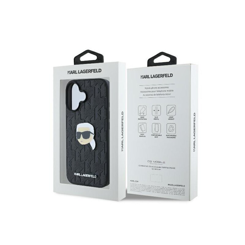 Husa iPhone 16 Karl Lagerfeld Hardcase Leather Monogram, Karl Head Pin, negru, KLHCP16SPGKLKIPK