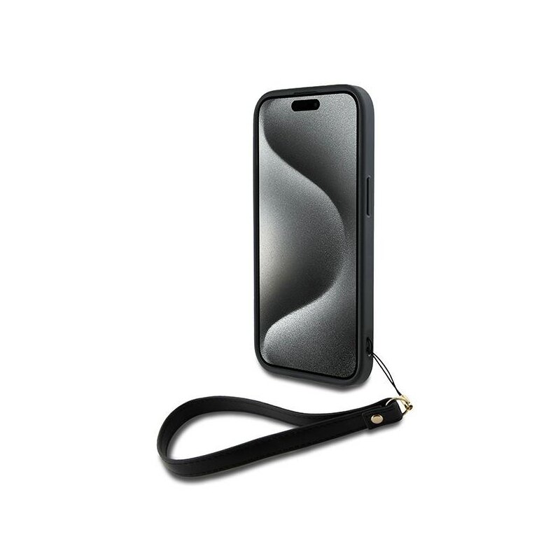 Husa iPhone 15 DKNY Hardcase Wrist Strap Stock Logo, negru, DKHCP15SPBSWSK