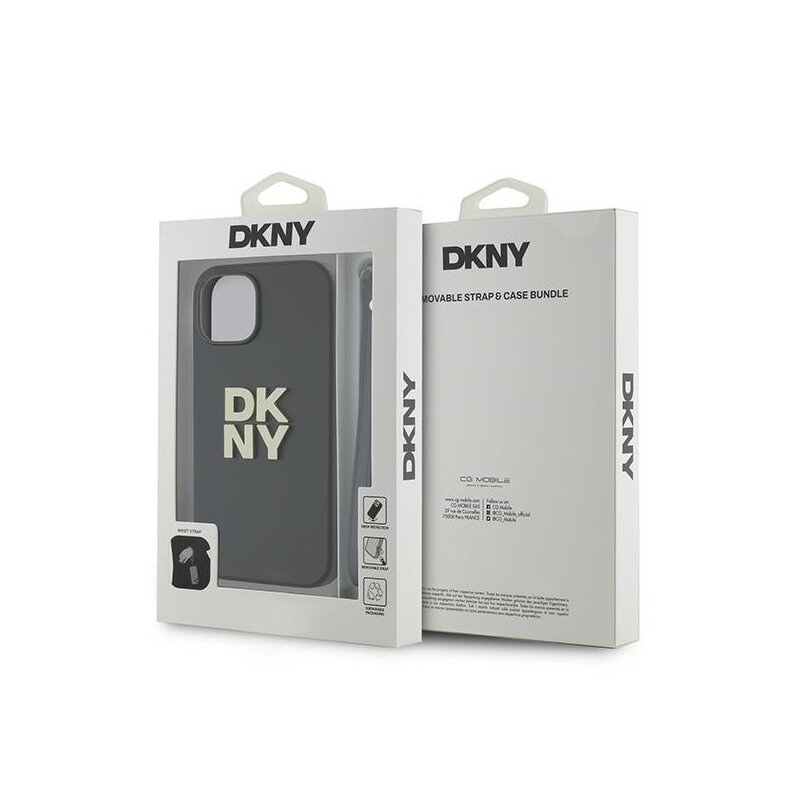 Husa iPhone 15 Plus DKNY Hardcase Wrist Strap Stock Logo, negru, DKHCP15MPBSWSK