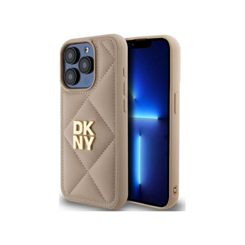 Husa piele iPhone 15 Pro DKNY Leather Quilted Stack Logo, bej, DKHCP15LPQDSLE