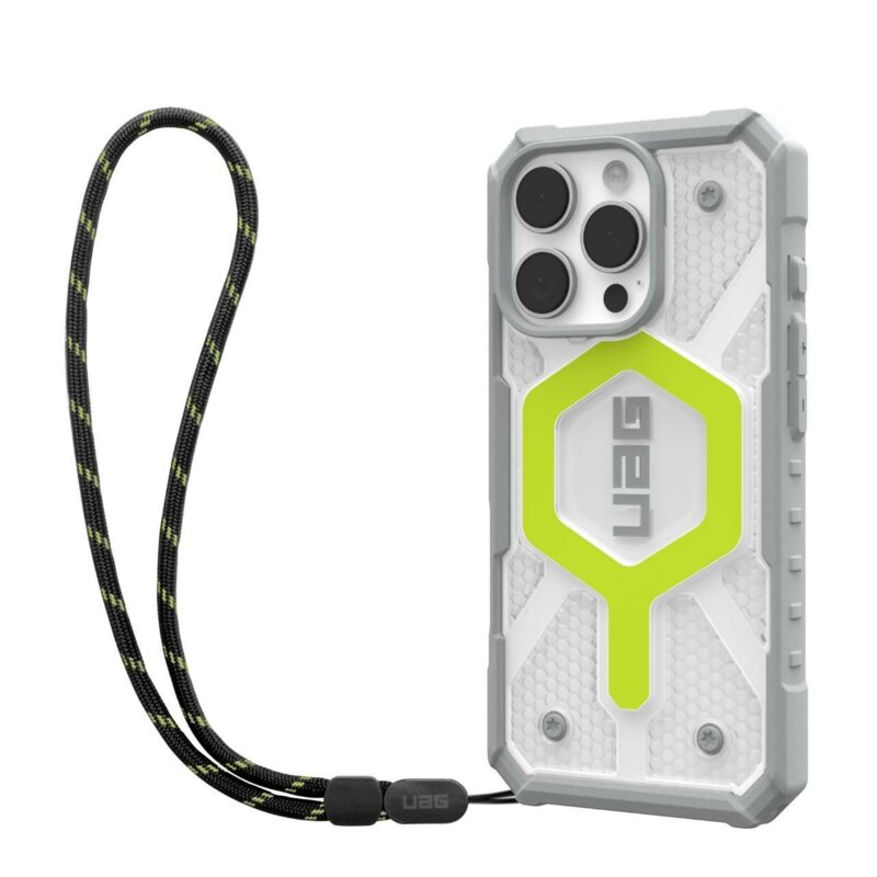 Husa iPhone 16 Pro Max UAG Pathfinder Clear MagSafe, Active Neon Lanyard
