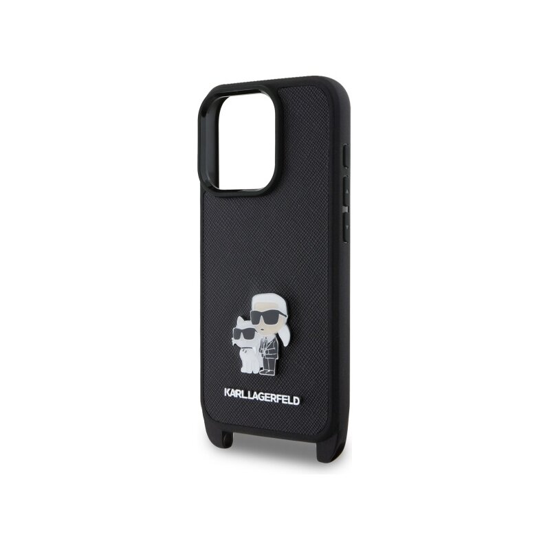 Husa iPhone 16 Pro Karl Lagerfeld Saffiano Crossbody, negru, Metal Pin Karl&Choupette, KLHCP16LSAKCPBK