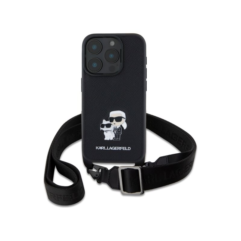 Husa iPhone 16 Pro Karl Lagerfeld Saffiano Crossbody, negru, Metal Pin Karl&Choupette, KLHCP16LSAKCPBK