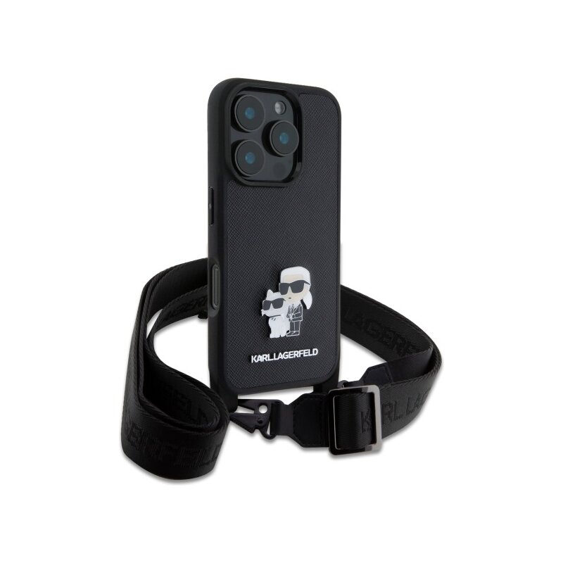 Husa iPhone 16 Pro Karl Lagerfeld Saffiano Crossbody, negru, Metal Pin Karl&Choupette, KLHCP16LSAKCPBK
