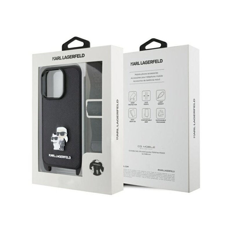 Husa iPhone 16 Pro Karl Lagerfeld Saffiano Crossbody, negru, Metal Pin Karl&Choupette, KLHCP16LSAKCPBK
