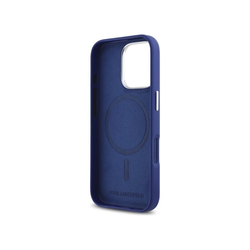 Husa iPhone 16 Pro Max Karl Lagerfeld Leather MagSafe, albastru, FW Metal Plate, KLHMP16XPGMSRPB