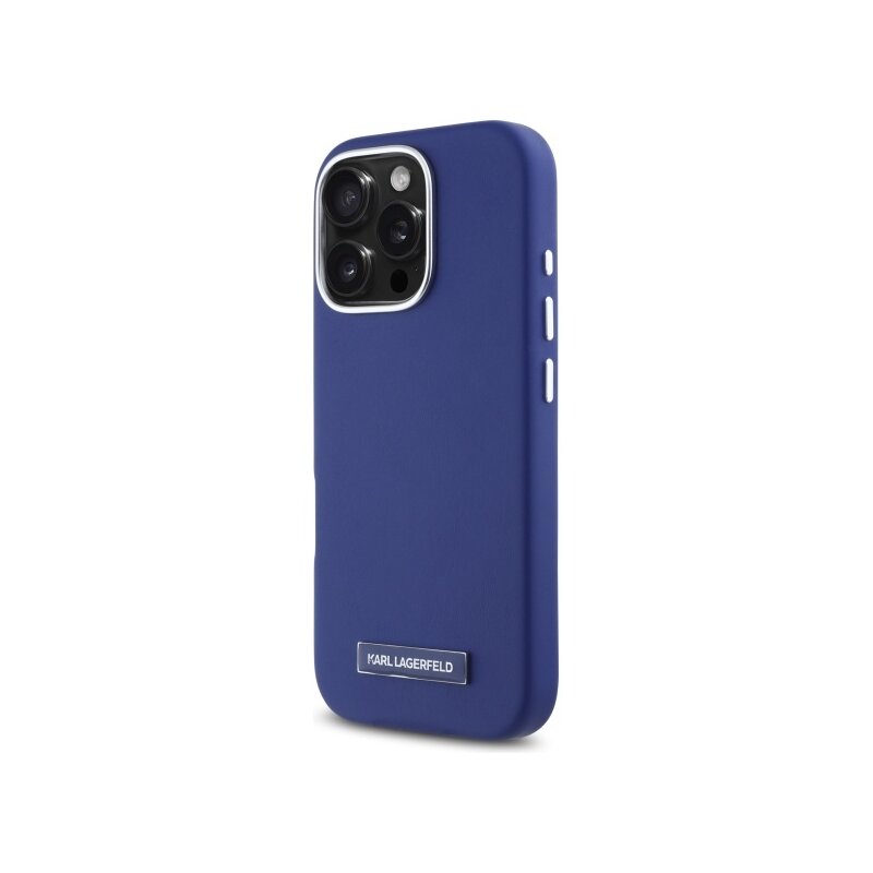 Husa iPhone 16 Pro Max Karl Lagerfeld Leather MagSafe, albastru, FW Metal Plate, KLHMP16XPGMSRPB