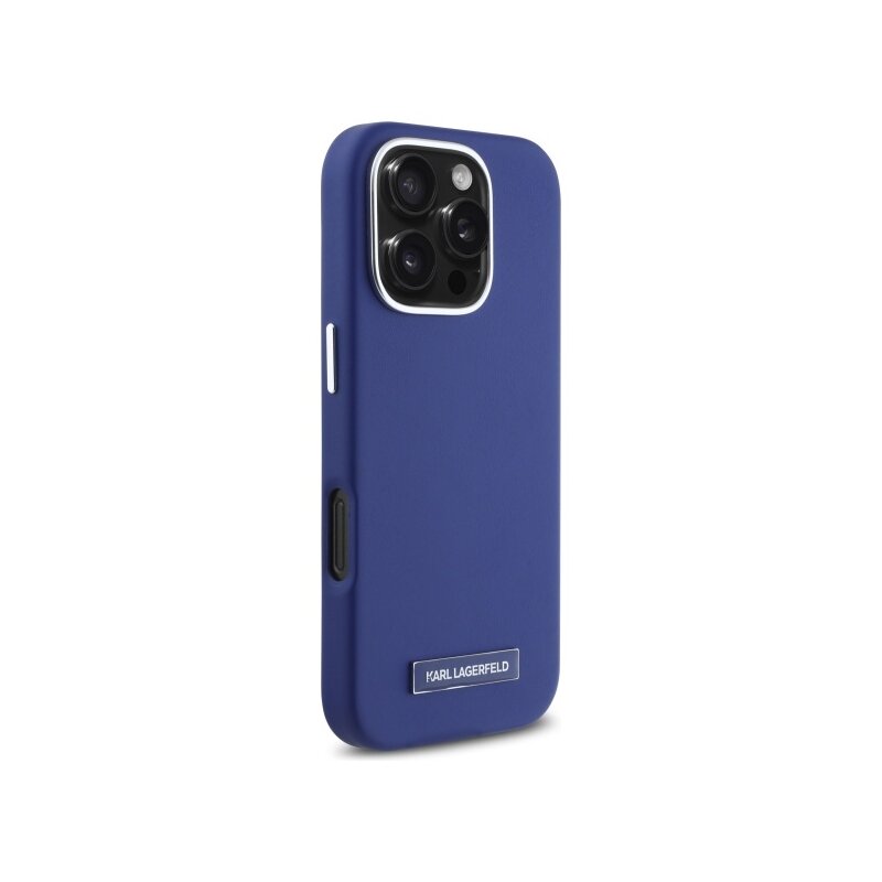 Husa iPhone 16 Pro Max Karl Lagerfeld Leather MagSafe, albastru, FW Metal Plate, KLHMP16XPGMSRPB