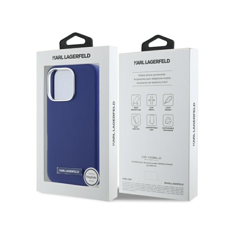 Husa iPhone 16 Pro Max Karl Lagerfeld Leather MagSafe, albastru, FW Metal Plate, KLHMP16XPGMSRPB