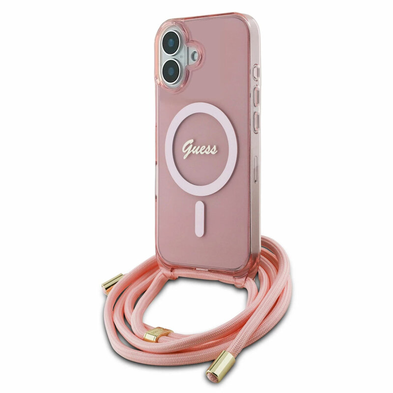 Husa Guess IML Crossbody Cord Script MagSafe iPhone 16, roz, GUHMP16SHCTSGNSP