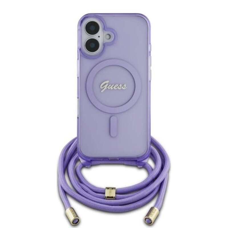 Husa Guess IML Crossbody Cord Script MagSafe iPhone 16, roz, GUHMP16SHCTSGNSP