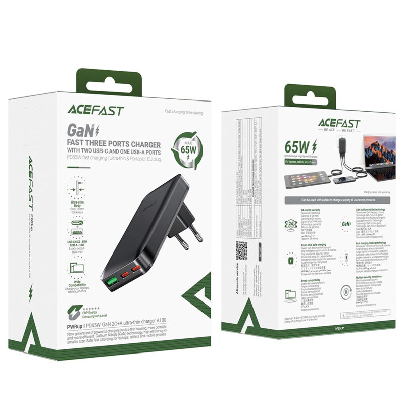 Incarcator GaN Type-C, Acefast A100, 65W Power Delivery, negru