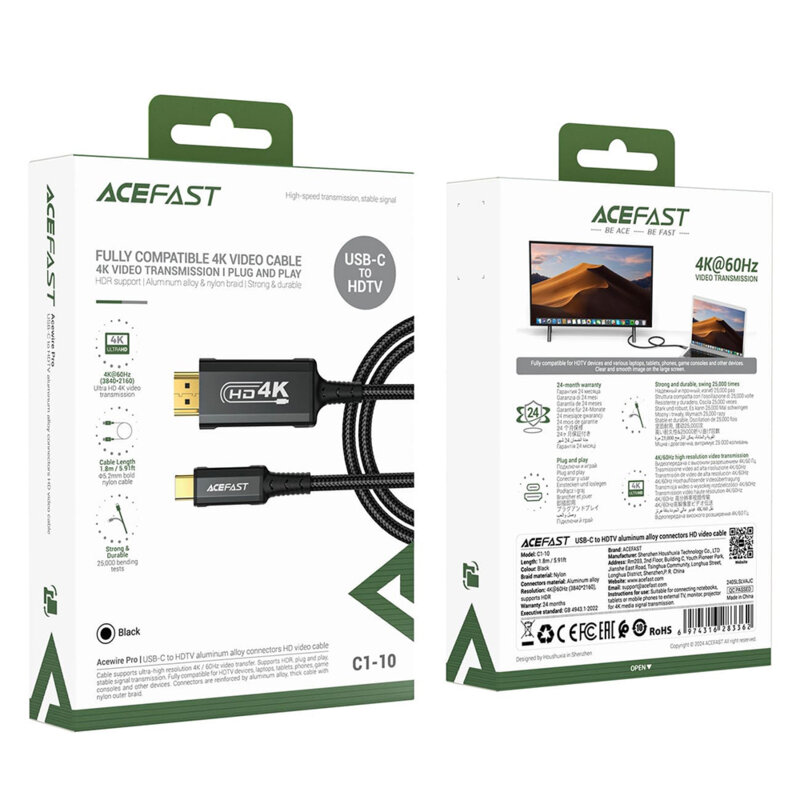 Cablu video Type-C la HDMI, 4k@60Hz, Acefast C1-10, 1.8m, negru