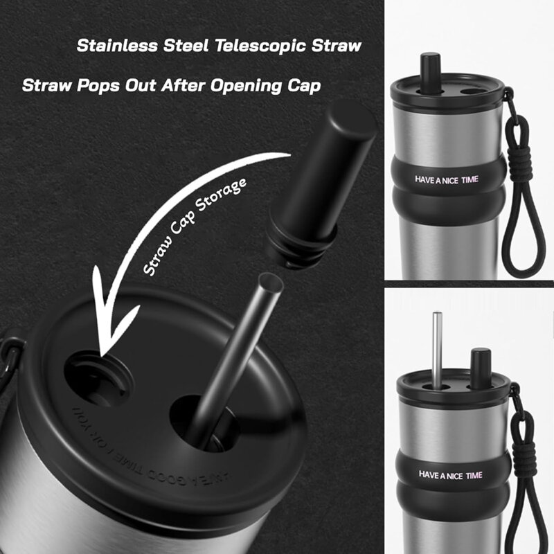 Pahar termos mare cafea cu pai Techsuit THM7, 710ml, negru