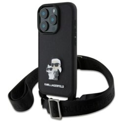 Husa iPhone 16 Pro Max Karl Lagerfeld Saffiano Crossbody, negru, Metal Pin Karl&Choupette, KLHCP16XSAKCPBK
