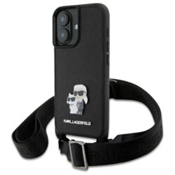 Husa iPhone 16 Karl Lagerfeld Saffiano Crossbody, negru, Metal Pin Karl&Choupette, KLHCP16SSAKCPBK