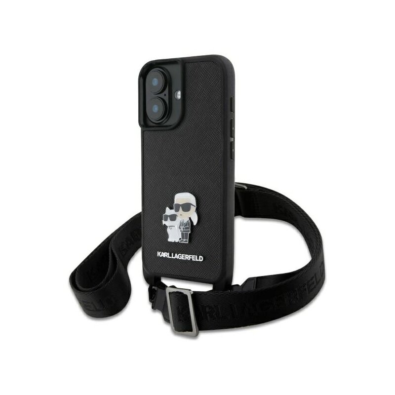 Husa iPhone 16 Karl Lagerfeld Saffiano Crossbody, negru, Metal Pin Karl&Choupette, KLHCP16SSAKCPBK
