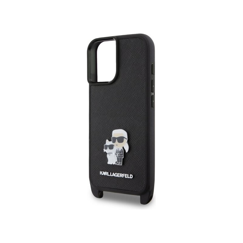 Husa iPhone 16 Karl Lagerfeld Saffiano Crossbody, negru, Metal Pin Karl&Choupette, KLHCP16SSAKCPBK