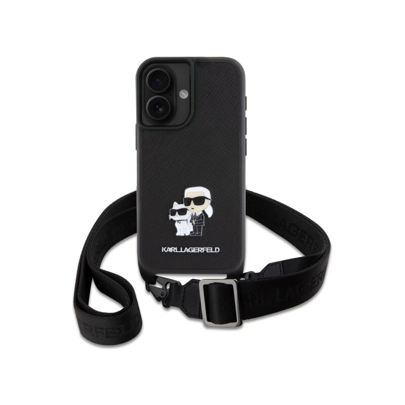 Husa iPhone 16 Karl Lagerfeld Saffiano Crossbody, negru, Metal Pin Karl&Choupette, KLHCP16SSAKCPBK