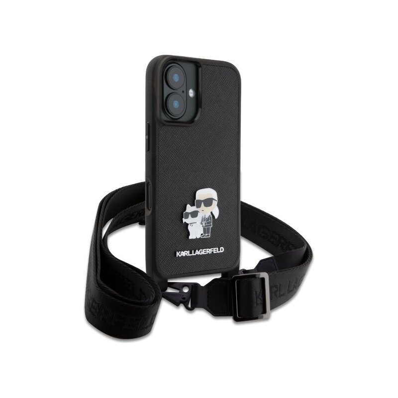 Husa iPhone 16 Karl Lagerfeld Saffiano Crossbody, negru, Metal Pin Karl&Choupette, KLHCP16SSAKCPBK