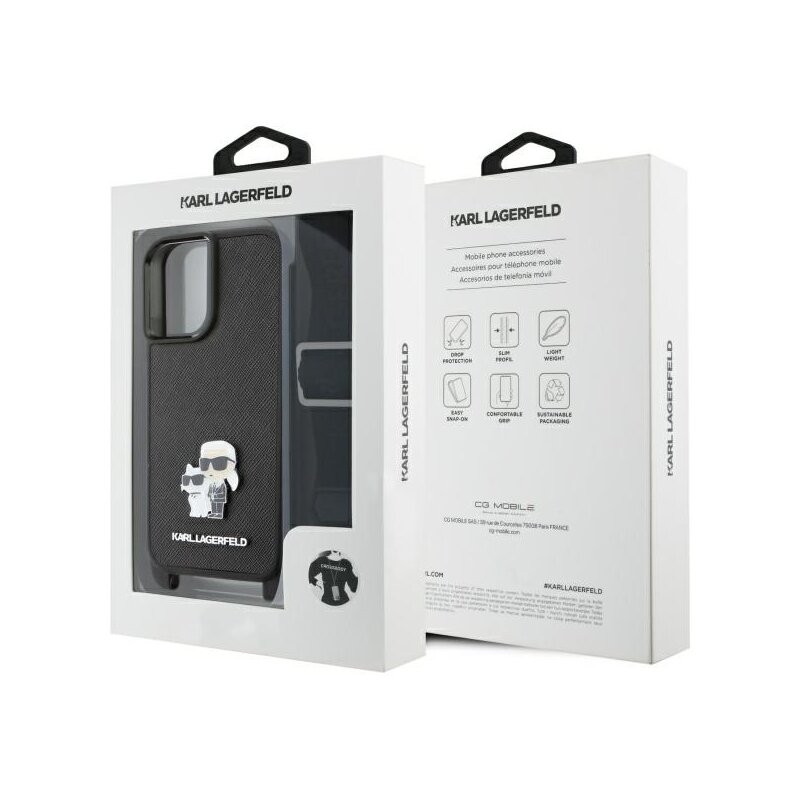 Husa iPhone 16 Karl Lagerfeld Saffiano Crossbody, negru, Metal Pin Karl&Choupette, KLHCP16SSAKCPBK