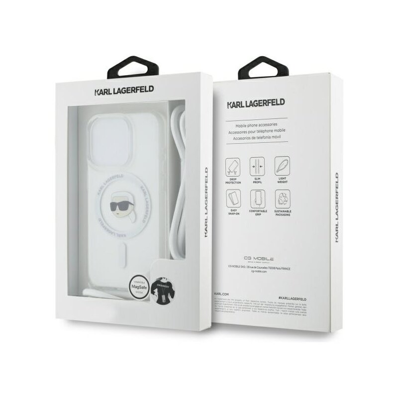 Husa iPhone 16 Pro Max Karl Lagerfeld IML Crossbody MagSafe, transparent, Karl Head, KLHMP16XHCKHNT