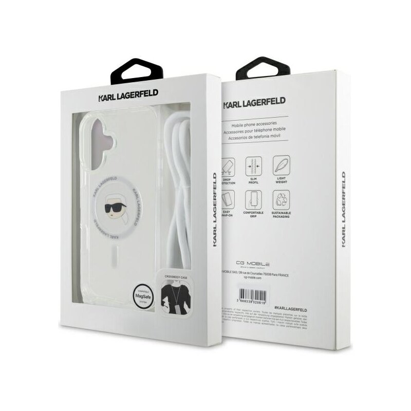 Husa iPhone 16 Karl Lagerfeld IML Crossbody MagSafe, transparent, Karl Head, KLHMP16SHCKHNT