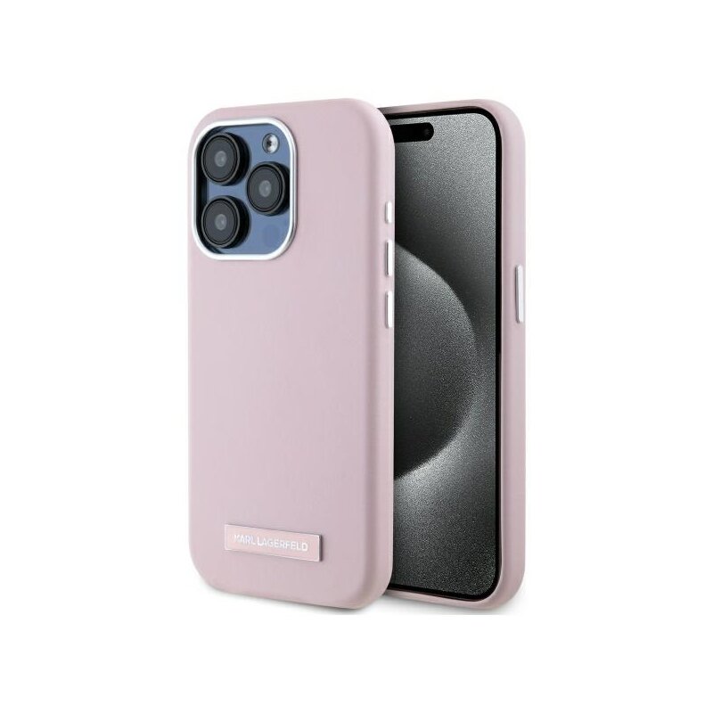 Husa iPhone 15 Pro Karl Lagerfeld Leather MagSafe, roz, FW Metal Plate, KLHMP15LPGMSRPP