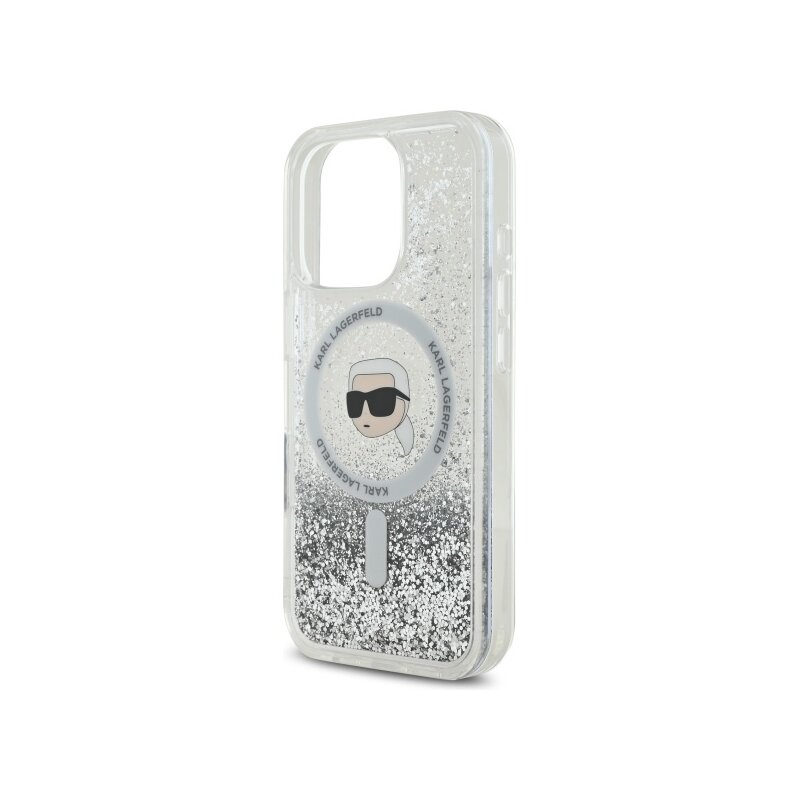 Husa Karl Lagerfeld iPhone 16 Pro Max Liquid Glitter MagSafe, Karl Head, transparenta, KLHMP16XLGKISGH