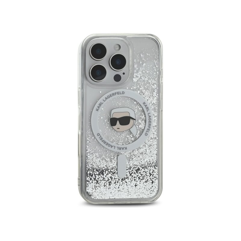 Husa Karl Lagerfeld iPhone 16 Pro Max Liquid Glitter MagSafe, Karl Head, transparenta, KLHMP16XLGKISGH