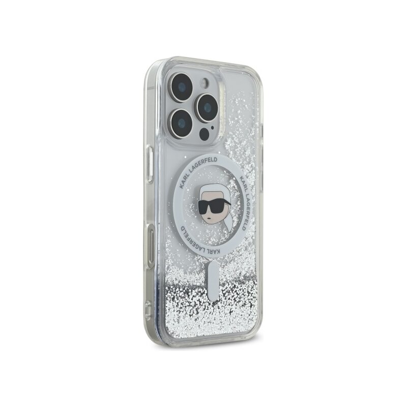 Husa Karl Lagerfeld iPhone 16 Pro Max Liquid Glitter MagSafe, Karl Head, transparenta, KLHMP16XLGKISGH