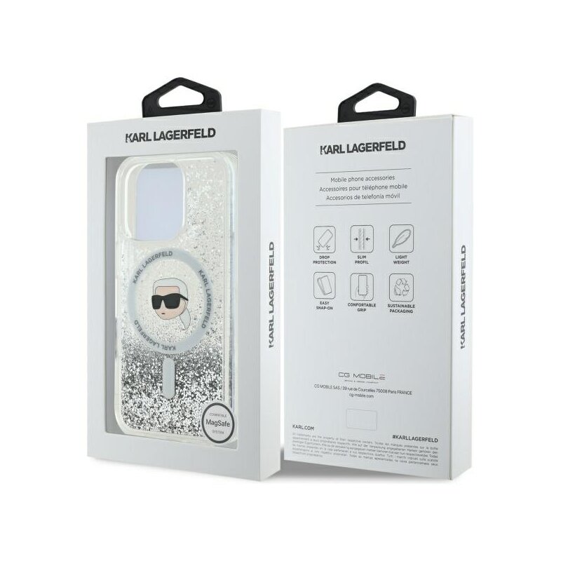 Husa Karl Lagerfeld iPhone 16 Pro Max Liquid Glitter MagSafe, Karl Head, transparenta, KLHMP16XLGKISGH