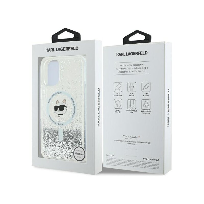 Husa Karl Lagerfeld iPhone 16 Glitter Liquid MagSafe, Choupette Head, transparenta, KLHMP16SLGCHSGH