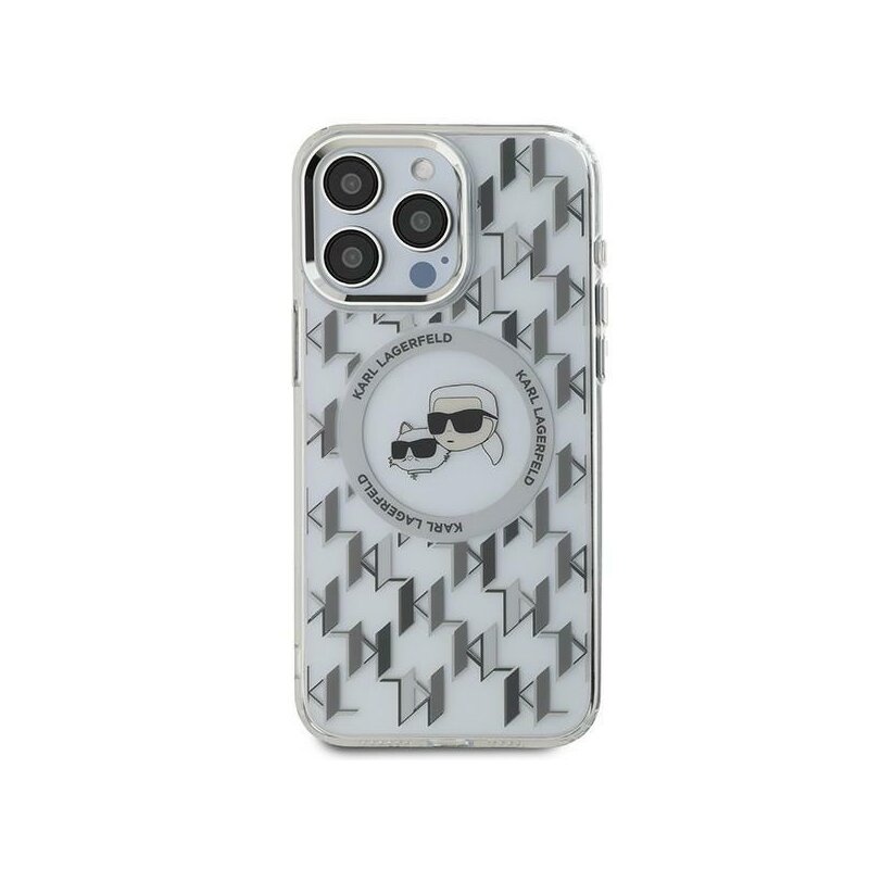 Husa iPhone 15 Karl Lagerfeld IML MagSafe, Monogram Karl&Choupette Head, clear, KLHMP15SHMCKMHT