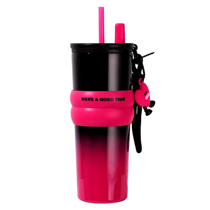 Pahar termos mare cafea cu pai Techsuit THM7, 710ml, fucsia