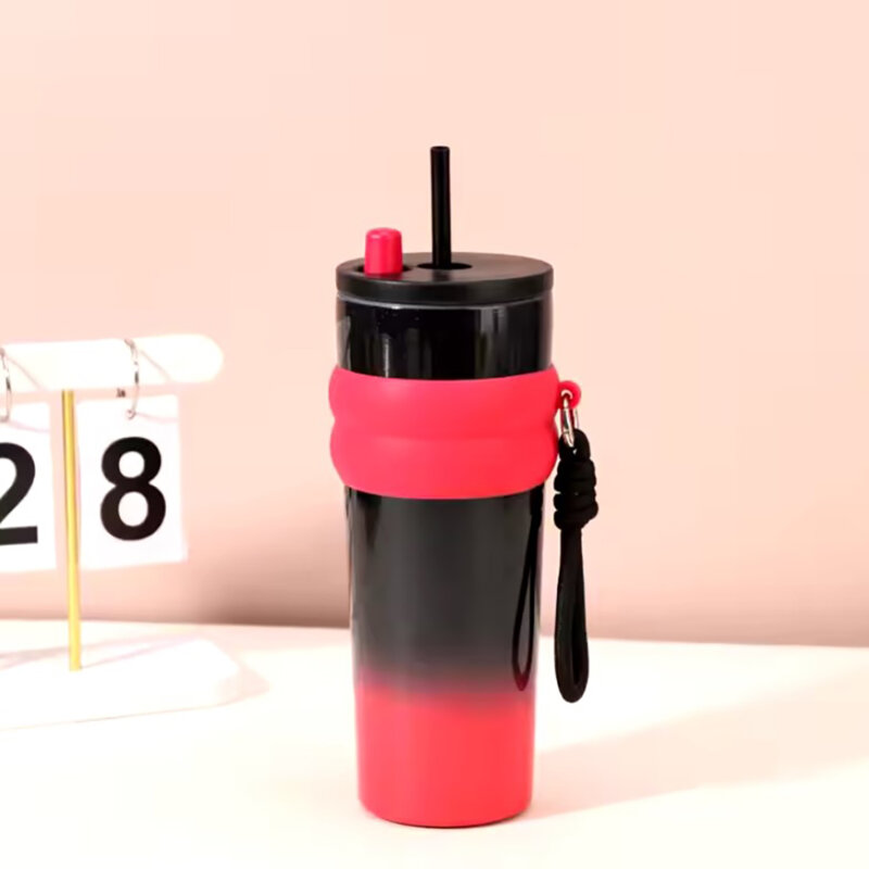 Pahar termos mare cafea cu pai Techsuit THM7, 710ml, fucsia