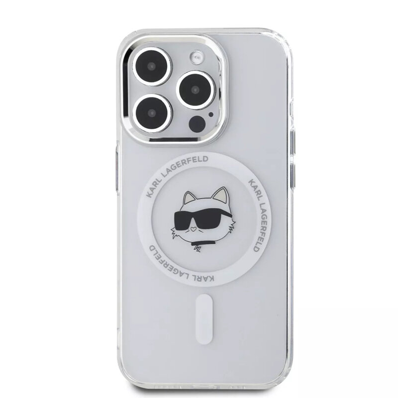 Husa iPhone 15 Pro Max Karl Lagerfeld IML MagSafe, Metal Choupette`s Head, alb, KLHMP15XHLSCHH
