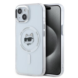 Husa iPhone 15 Karl Lagerfeld IML MagSafe, Metal Choupette`s Head, alb, KLHMP15SHLSCHH