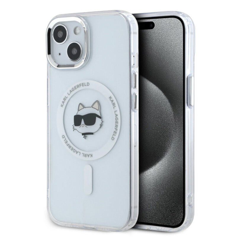 Husa iPhone 15 Karl Lagerfeld IML MagSafe, Metal Choupette`s Head, alb, KLHMP15SHLSCHH