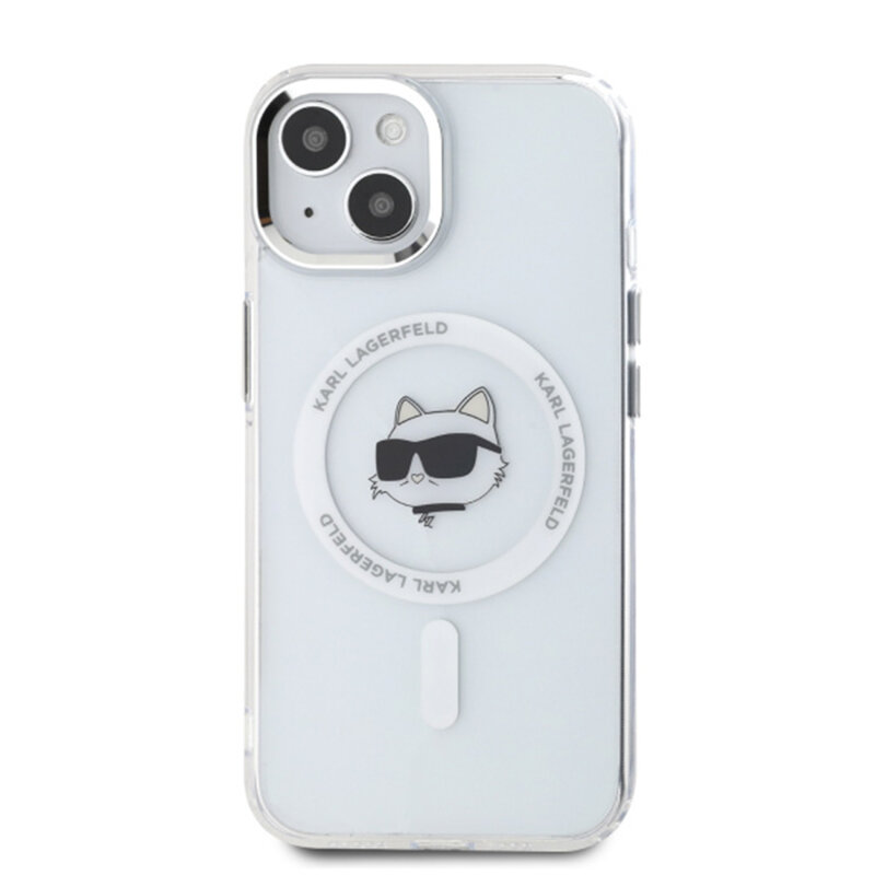 Husa iPhone 15 Karl Lagerfeld IML MagSafe, Metal Choupette`s Head, alb, KLHMP15SHLSCHH