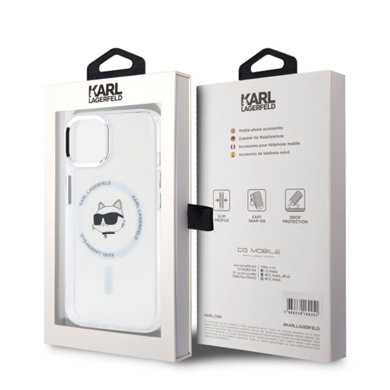 Husa iPhone 15 Karl Lagerfeld IML MagSafe, Metal Choupette`s Head, alb, KLHMP15SHLSCHH