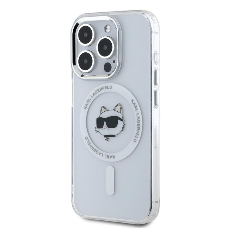 Husa iPhone 15 Pro Karl Lagerfeld IML MagSafe, Metal Choupette`s Head, alb, KLHMP15LHLSCHH