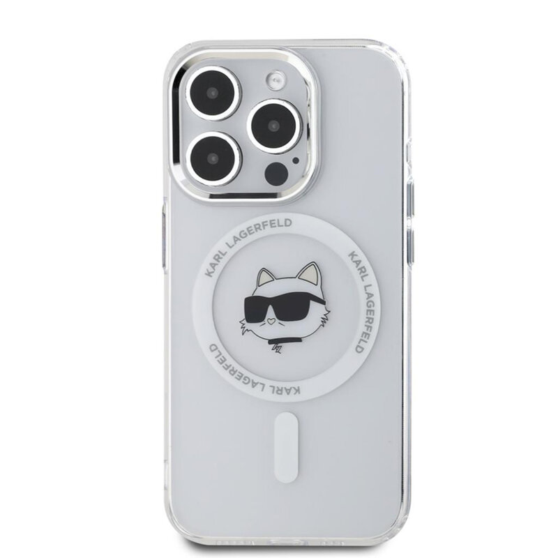 Husa iPhone 15 Pro Karl Lagerfeld IML MagSafe, Metal Choupette`s Head, alb, KLHMP15LHLSCHH
