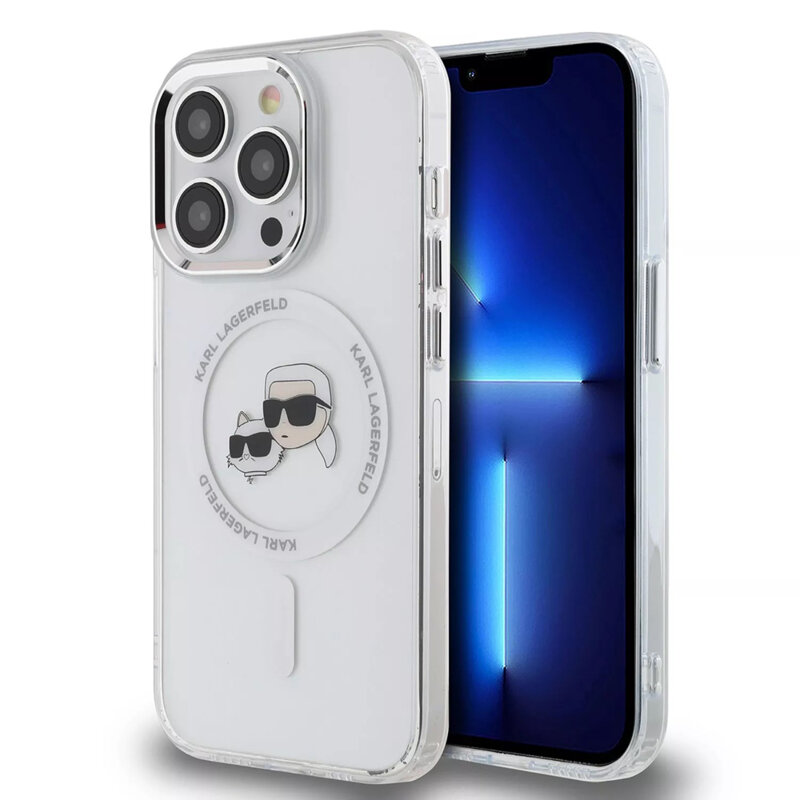 Husa iPhone 15 Pro Max Karl Lagerfeld IML MagSafe, Metal Karl&Choupette Heads, alb, KLHMP15XHLSKCH