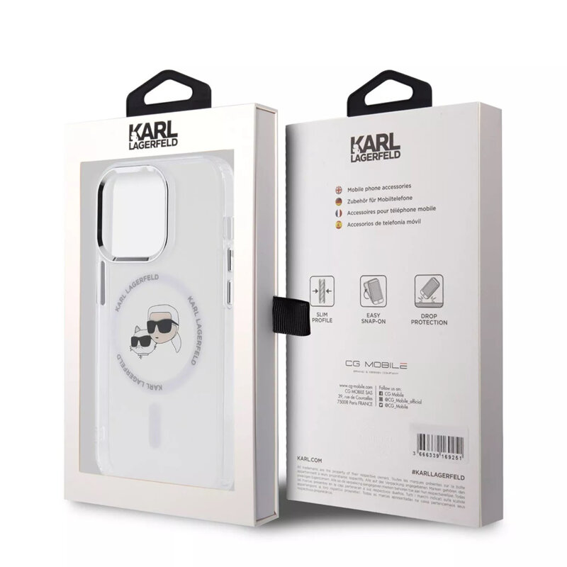 Husa iPhone 15 Pro Max Karl Lagerfeld IML MagSafe, Metal Karl&Choupette Heads, alb, KLHMP15XHLSKCH